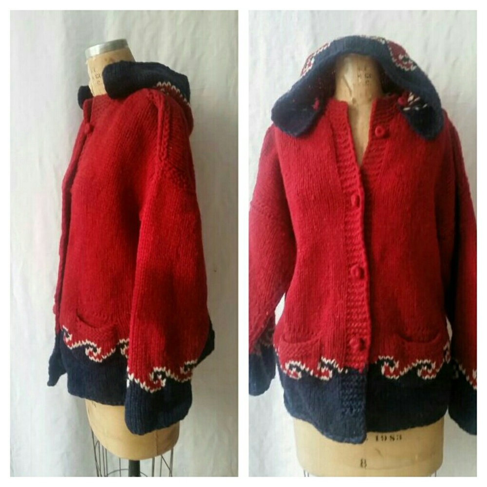 Vintage Handknit Red Wool Cardigan with Hood M